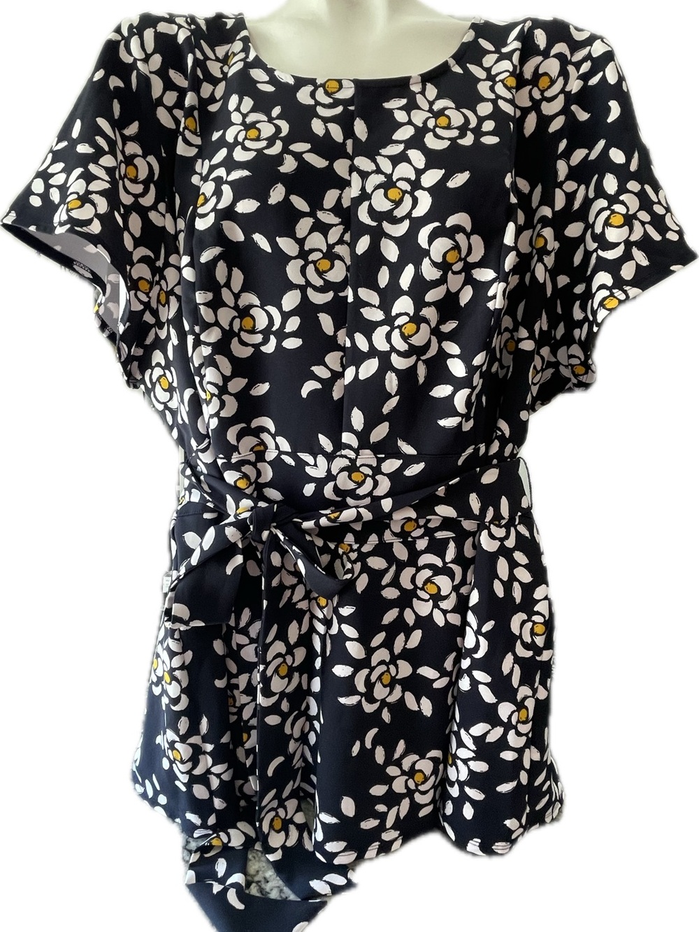 Lane Bryant Black Floral Tie-Waist Blouse with White and Yellow Accents